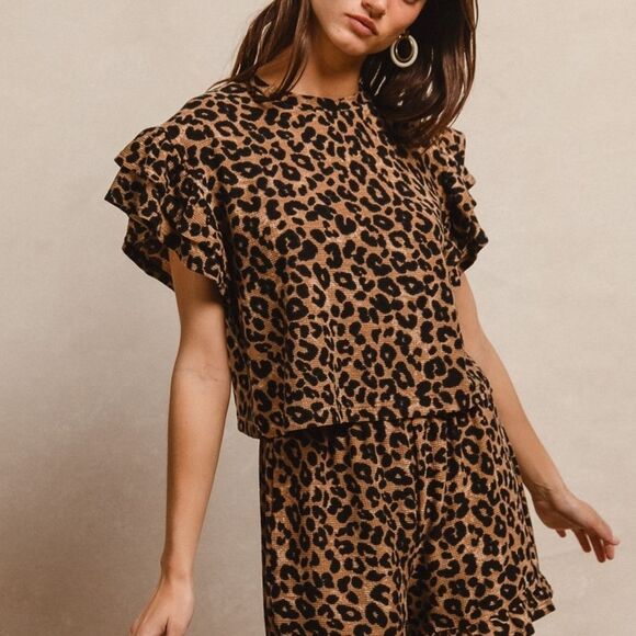 BiBi USA Leopard Print Waffle Texture Layered Ruffle Sleeve Top and Shorts Set - Picture 15 of 17